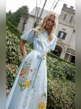 ASTON STUDIO MARLEY DRESS POWDER FLEUR Sz US 12 belted floral shirt dress.